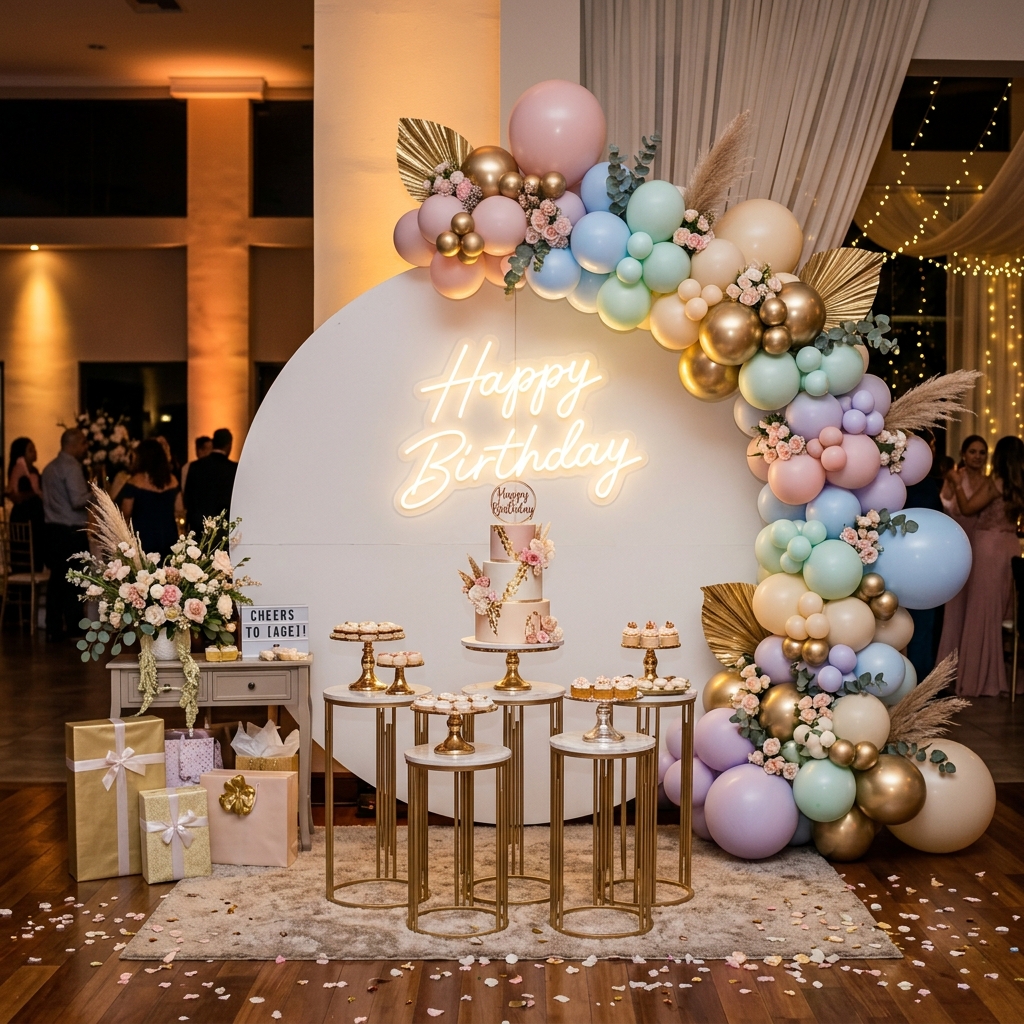 Elegant Pastel Birthday Decoration with Neon Lights