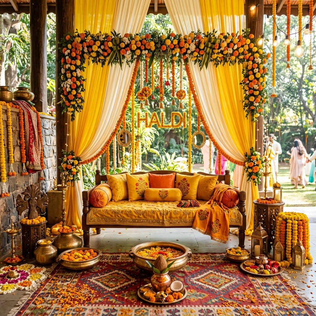 Bright Yellow Marigold Theme Haldi Backdrop